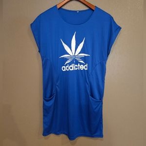 Womens Blue Addicted Leaf Print T Shirt Dress Hemp Festival